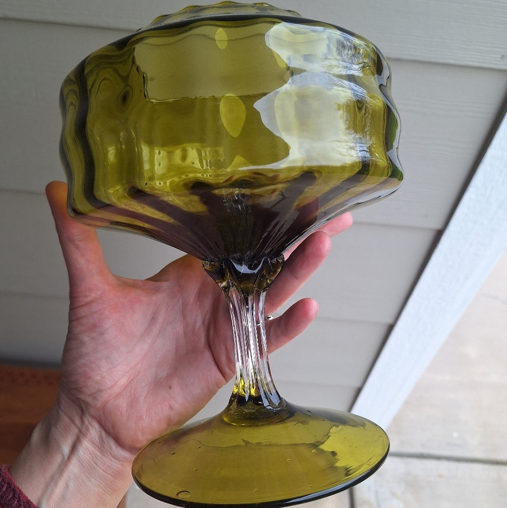 Vtg Empoli ribbed optic green glass compote candy dish